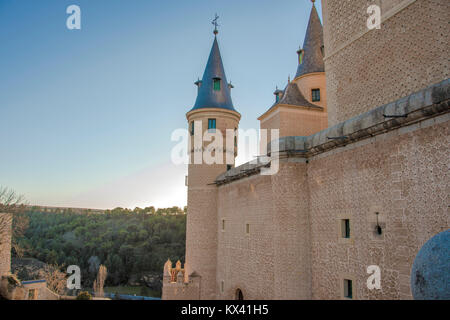 Partial view of the Alcazar of Segovia its towers the forests that surround it and the river Eresma Community of Castilla y Leon Spain Stock Photo
