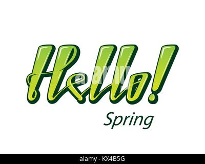 Hello spring and summer lettering word isolated white. Vector illustration. Stock Vector