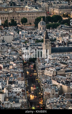 High angle view of the 6th arrondissement, the church of Saint Germain and the Institut de France dome, looking down Rue de Rennes, Paris, France Stock Photo