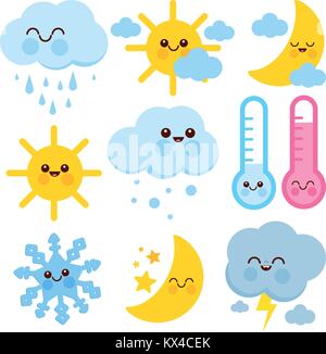 Cute weather and meteorology icons. Sun, rain, storm, clouds and snow season cartoon kawaii characters. Vector illustration set Stock Vector