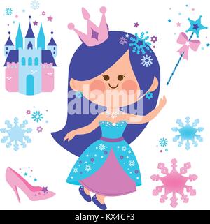 Beautiful snow princess and a castle. Winter season fairy tale with cute girl in the ice tower. Vector illustration collection. Stock Vector