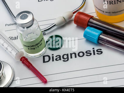 Diagnostic form, Vial of blood samples and Medicine in a hospital ...