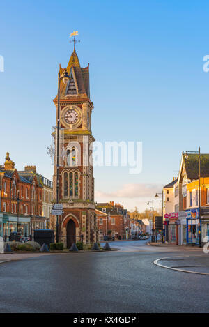 Newmarket Suffolk England, view of the Queen Victoria Jubilee Clock Tower and the north end of Newmarket High Street, Suffolk, UK. Stock Photo