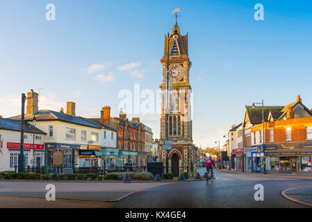 Newmarket Suffolk, view of the Queen Victoria Jubilee Clock Tower at the north end of Newmarket High Street, Suffolk, UK. Stock Photo