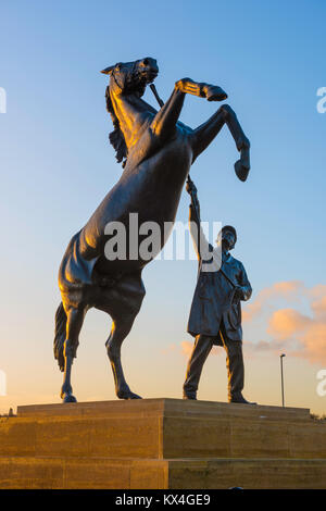 Newmarket racing Suffolk, the Newmarket Stallion statue - a well-known landmark sited near the entrance to the famous Suffolk racecourse, UK. Stock Photo