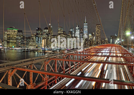 A night view of Lower Manhattan from Brooklyn Bridge. Stock Photo