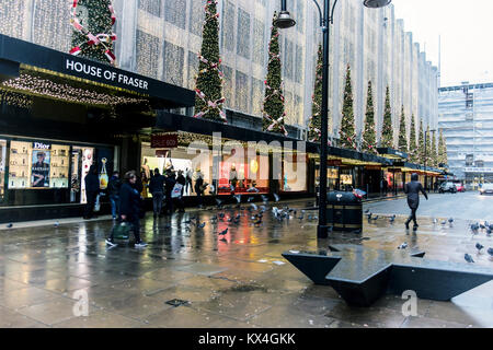 Oxford Street, London,House of Fraser department store,shop with Christmas decorations,xmas trees and January sale signs Stock Photo