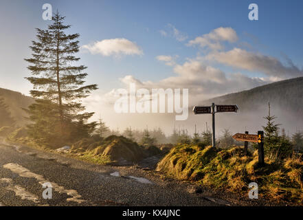 Ice and Winter Sun on the Historic Military Road near Glenmalure Valley in Wicklow uplands in Ireland Stock Photo