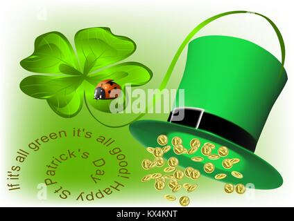 good luck  and Happy St Patricks Day. background with clover and ladybug Stock Vector