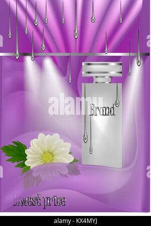 bottle or perfume on scarlet fabric and flower Stock Vector