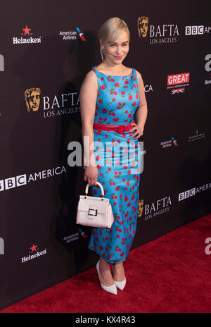 Los Angeles, USA. 06th Jan, 2018. Emilia Clarke attends the BAFTA Los Angeles Awards Season Tea Party at Hotel Four Seasons in Beverly Hills, California, USA, on 06 January 2018. Credit: Hubert Boesl - NO WIRE SERVICE - Credit: Hubert Boesl/dpa/Alamy Live News Credit: dpa picture alliance/Alamy Live News Stock Photo