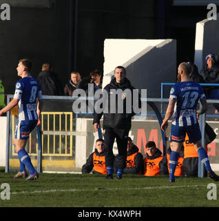 Coleraine Showgrounds, Northern Ireland. 06 January 2018. Coleraine v Lisburn Distillery (Tennent's Irish Cup - Round 5). There were no surprises in Round 5 today, the round where junior and senior clubs can be drawn against each other. At Coleraine Showgrounds, Coleraine (last season's finalists and current Premier League leaders) hammered Lisburn Distillery (12 times winners of the competition but now in the third tier of Irish League football) seven nil. Coleraine manager Oran Kearney watches from his technical zone. Credit: David Hunter/Alamy Live News. Stock Photo