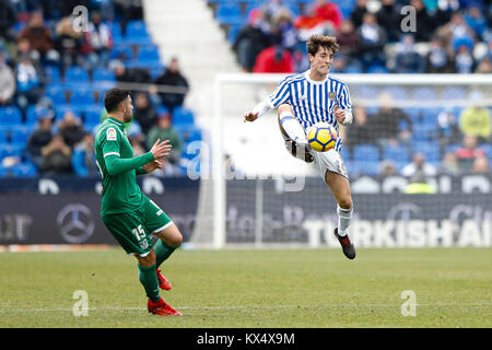 Madrid, Spain. 07th Jan, 2018. Diego Rico (Leganes FC). Alvaro Odriozola (Real Sociedad), in action during La Liga match between Leganes FC vs Real Sociedad at the Municipal de Butarque stadium in Madrid, Spain, January 7, 2018 . Credit: Gtres Información más Comuniación on line, S.L./Alamy Live News Credit: Gtres Información más Comuniación on line,S.L./Alamy Live News Stock Photo