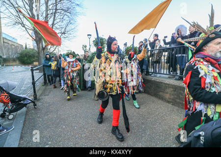 London UK. 7th January 2018. Mummers from Lions Part  perform in a folk play near the Globe Theatre  in celebration of Twelfth Night, marking the end of the twelve days of winter festivities. Twelfth Night celebrations in the traditional agricultural calendar mark a last chance to make merry before returning to the rigours of work on Plough Monday Credit: amer ghazzal/Alamy Live News Stock Photo