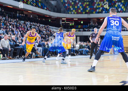 Copper Box Arena, London, UK, 7th Jan 2018.Tensions run high in the London Lions v Sheffield Sharks British Basketball League game in the Queen Elizabeth Olympic Park in London. Lions win 81 - 73. Credit: Imageplotter News and Sports/Alamy Live News Stock Photo