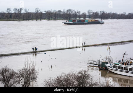 Duesseldorf, Germany. 7th Jan, 2018. A container ship passes as walkers stand on the barely visible wall of the yacht harbour on the river Rhine during high water levels in Duesseldorf, Germany, 7 January 2018. Credit: Bernd Thissen/dpa/Alamy Live News Stock Photo