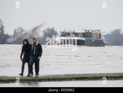 Duesseldorf, Germany. 7th Jan, 2018. A container ship passes as walkers stand on the barely visible wall of the yacht harbour on the river Rhine during high water levels in Duesseldorf, Germany, 7 January 2018. Credit: Bernd Thissen/dpa/Alamy Live News Stock Photo