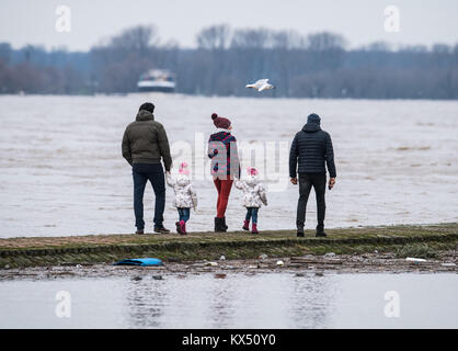 Duesseldorf, Germany. 7th Jan, 2018. A container ship passes as walkers stand on the barely visible wall of the yacht harbour on the river Rhine during high water levels in Duesseldorf, Germany, 7 January 2018. Credit: Bernd Thissen/dpa/Alamy Live News Stock Photo