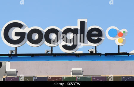 Las Vegas, USA. 7th Jan, 2018. The lettering 'Google' on the Google pavillon at the CES consumer electronics show in Las Vegas, USA, 7 January 2018. Credit: Andrej Sokolow/dpa/Alamy Live News Credit: dpa picture alliance/Alamy Live News Stock Photo