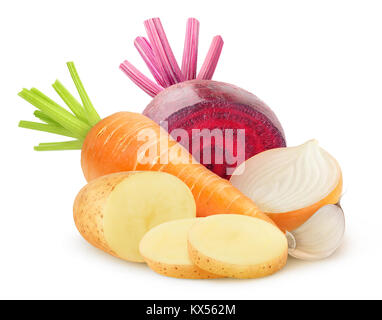 Isolated root vegetables. Cut raw potatoes, carrot, beetroot, onion and garlic isolated on white background with clipping path Stock Photo