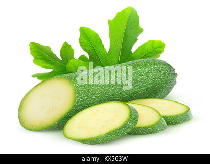 Isolated zucchini. One cut courgette with leaves isolated on white background with clipping path Stock Photo