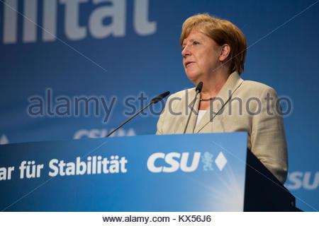 30 August 2017. Erlangen, Germany. Angel Merkel speaks at an election rally held by the CSU party, Bavaria's  partner  party to Merkel's CDU. Stock Photo