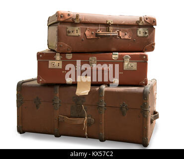 three old suitcases isolated on a white background Stock Photo