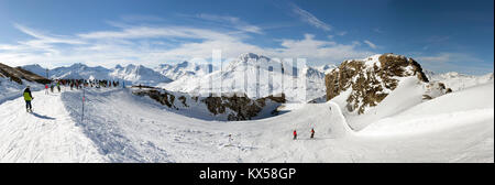 VAL CENIS, FRANCE - DECEMBER 31, 2017: Panoramic winter view of the Col de la Met, a mountain pass in the ski resort of Val Cenis located in the Savoi