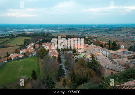 Small italian town Bertinoro, surrounded by vineyards, meadows, zone of production of traditional italian red wine Sangiovese Stock Photo