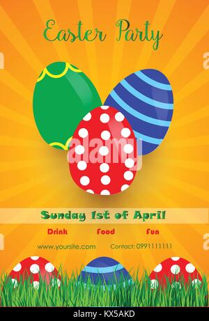 Easter party flyer design template with colorful eggs and green grass on yellow background. Stock Vector