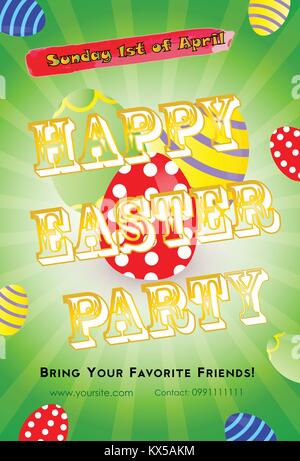 Easter party invitation flyer template with colorful eggs on green background and text Happy Easter Party. Stock Vector