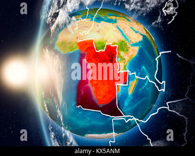 Satellite view of Angola highlighted in red on planet Earth with clouds and visible country borders during sunset. 3D illustration. Elements of this i Stock Photo