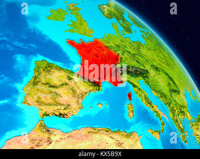 Space view of France highlighted in red on planet Earth. 3D illustration. Elements of this image furnished by NASA. Stock Photo
