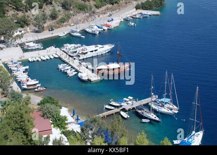 Boats moored in the harbour at Spartochori on the Greek island of Meganissi on August 20, 2008. Stock Photo