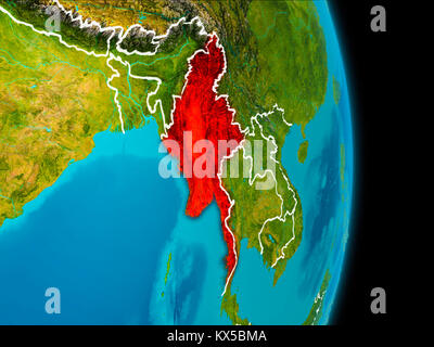 Myanmar in red on planet Earth with visible borderlines. 3D illustration. Elements of this image furnished by NASA. Stock Photo