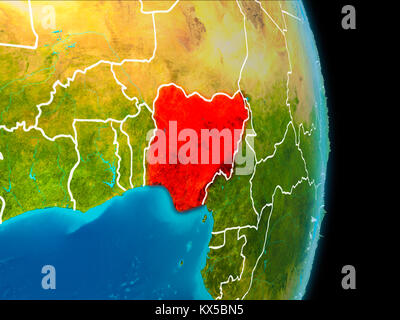 Nigeria in red on planet Earth with visible borderlines. 3D illustration. Elements of this image furnished by NASA. Stock Photo