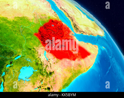 Space view of Ethiopia highlighted in red on planet Earth. 3D illustration. Elements of this image furnished by NASA. Stock Photo