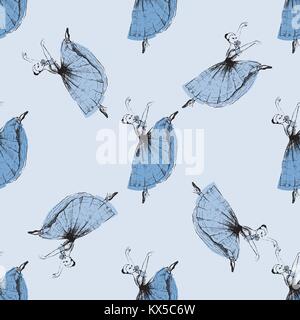 Seamless pattern of hand drawn sketch style ballerina. Vector illustration. Stock Vector