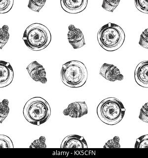 Seamless pattern of hand drawn sketch style coffee cups and cupcakes. Vector illustration. Stock Vector