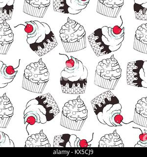 Seamless pattern of hand drawn sketch style cupcakes. Vector illustration. Stock Vector
