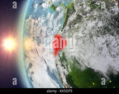 Ecuador as seen from space on planet Earth during sunset. 3D illustration. Elements of this image furnished by NASA. Stock Photo