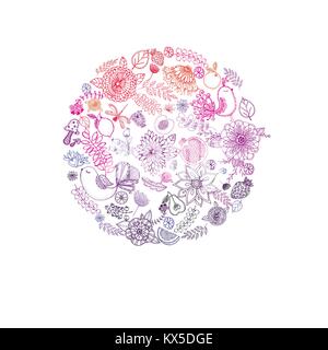 Hand drawn sketch style composition of colorful abstract flowers, plants, fruits and birds. Vector illustration isolated on white background. Stock Vector