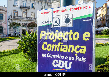 Coimbra Portugal,historic center,Largo da Portagem,main square,political poster,PCP,PEV,Portuguese Communist Party,campaigning,billboard,Hispanic,immi Stock Photo