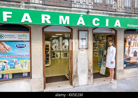 Coimbra Portugal,historic center,Rua Ferreira Borges,Farmacia Rodrigues Da Silva,pharmacy,storefront,entrance,door,Dr. Scholl,foot care,poster,promoti Stock Photo