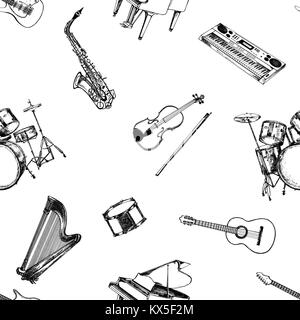 Seamless pattern of hand drawn sketch style musical instruments. Vector illustration isolated on white background. Stock Vector