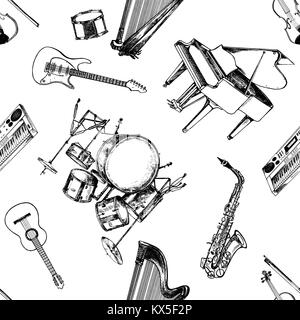 Seamless pattern of hand drawn sketch style musical instruments. Vector illustration isolated on white background. Stock Vector