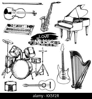 Hand drawn sketch style musical instruments. Vector illustration isolated on white background. Stock Vector