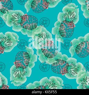 Seamless pattern of hand drawn sketch style pineapples - whole fruit and slice. Vector illustration. Stock Vector