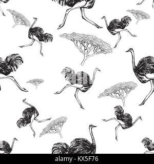 Seamless pattern of hand drawn sketch style ostriches and trees. Vector illustration isolated on white background. Stock Vector