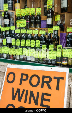 Porto Portugal,historical center,Garrafeira Cleriporto,liquor store,vintner,Port wines,window display,price,Euros,bottles,Kopke,Noval,Blandy's,Hispani Stock Photo